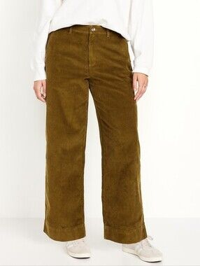 Old Navy High Rise Wide Leg Satin Moss Green Cotton Corduroy Pants size 8